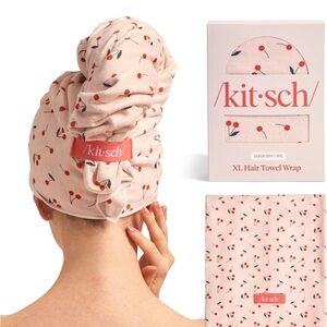 Kitsch XL Hair Towel Wrap - Pink with Cherry Design